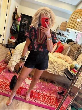 entro Black Floral V-Neck Blouse with Pink Flowers